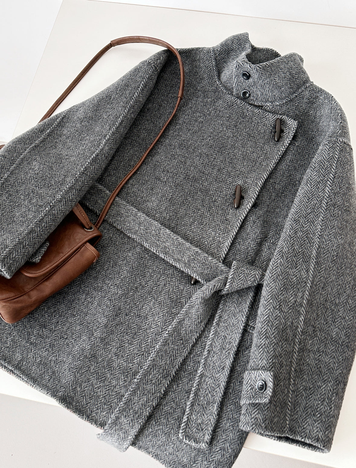 Astra Herringbone Stand Collar Coat - Dark Gray