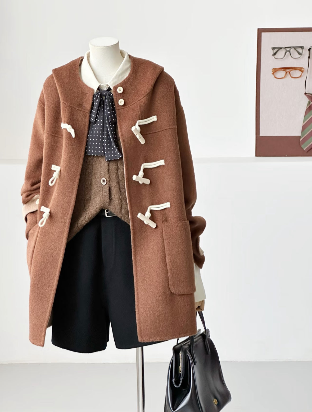 ‘Fern ‘ Hooded Toggle Wool Jacket - Chestnut brown