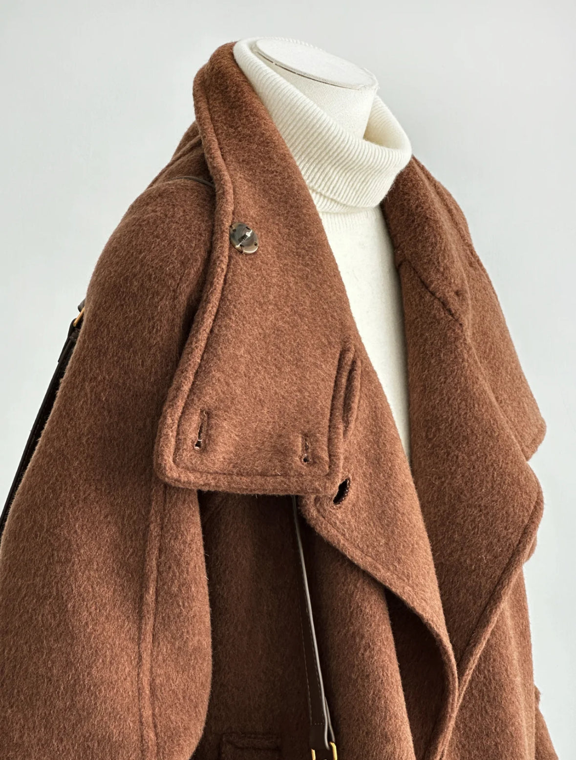 100% Wool Stand Collar Coat with Button-Neck and belt (Brown)