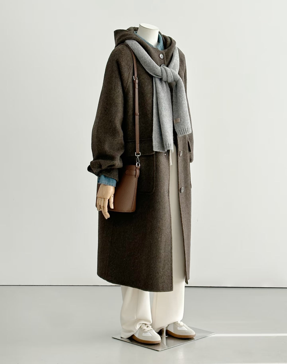 Brown Hooded Longline Wool Coat