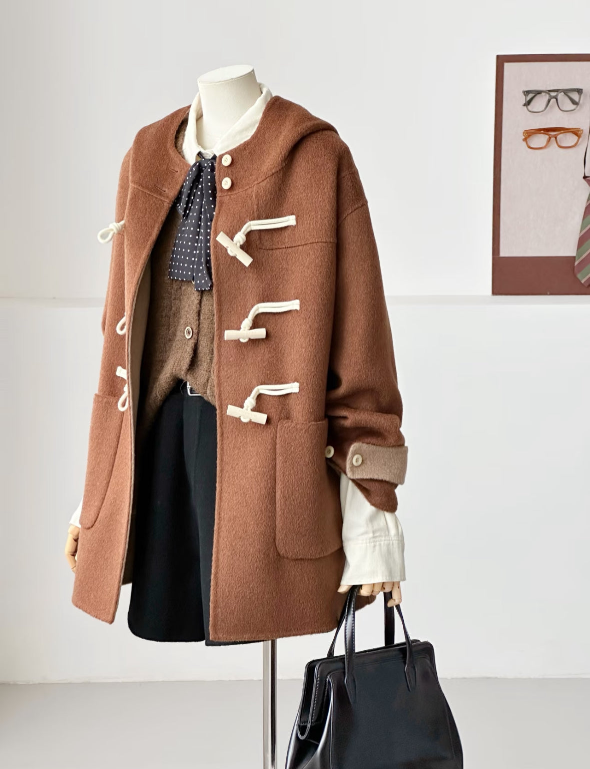 ‘Fern ‘ Hooded Toggle Wool Jacket - Chestnut brown