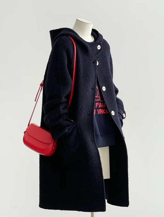 ‘Cleo’ Mid-Length Navy Blue 100% Wool Hooded Jacket (2 colors)