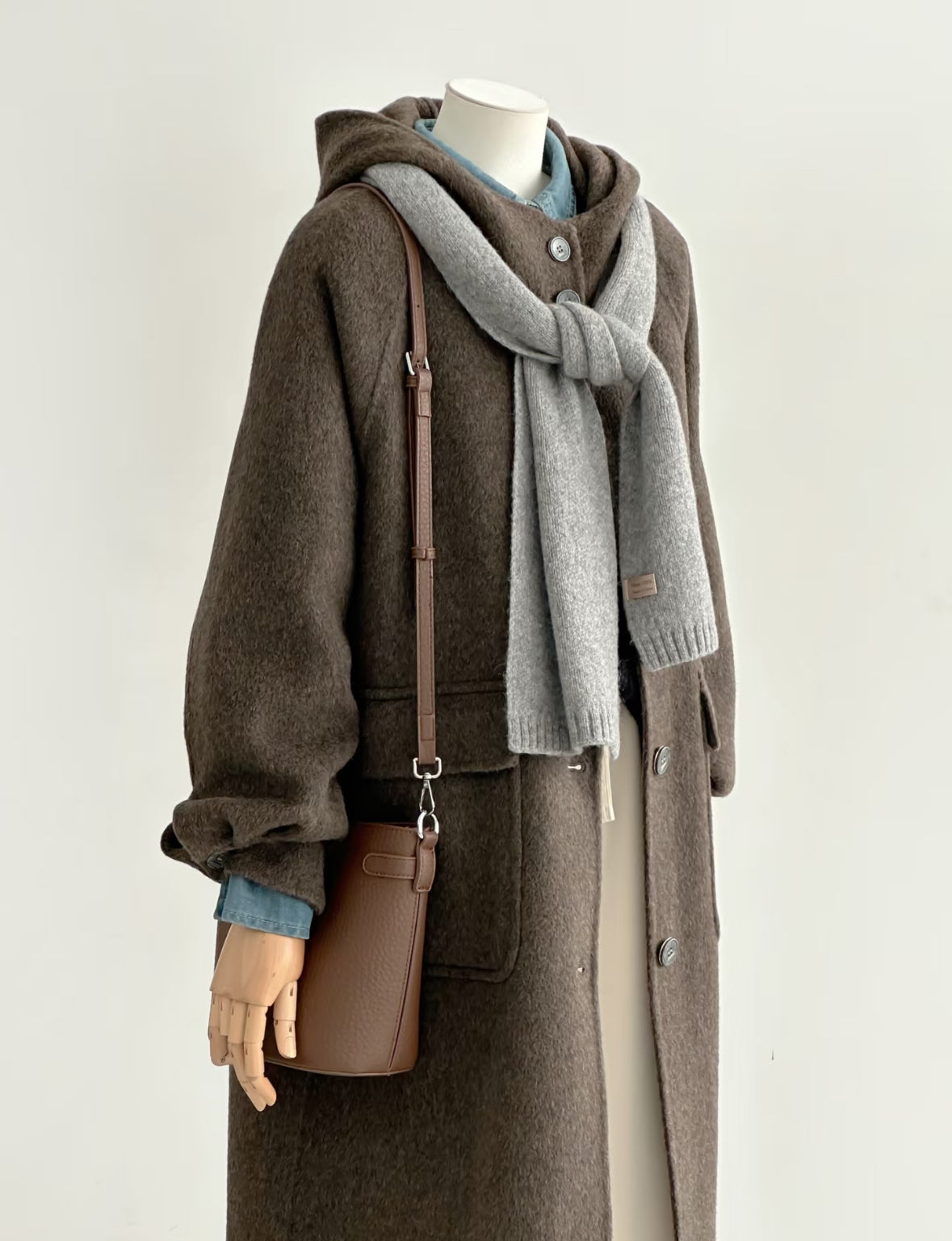 Brown Hooded Longline Wool Coat
