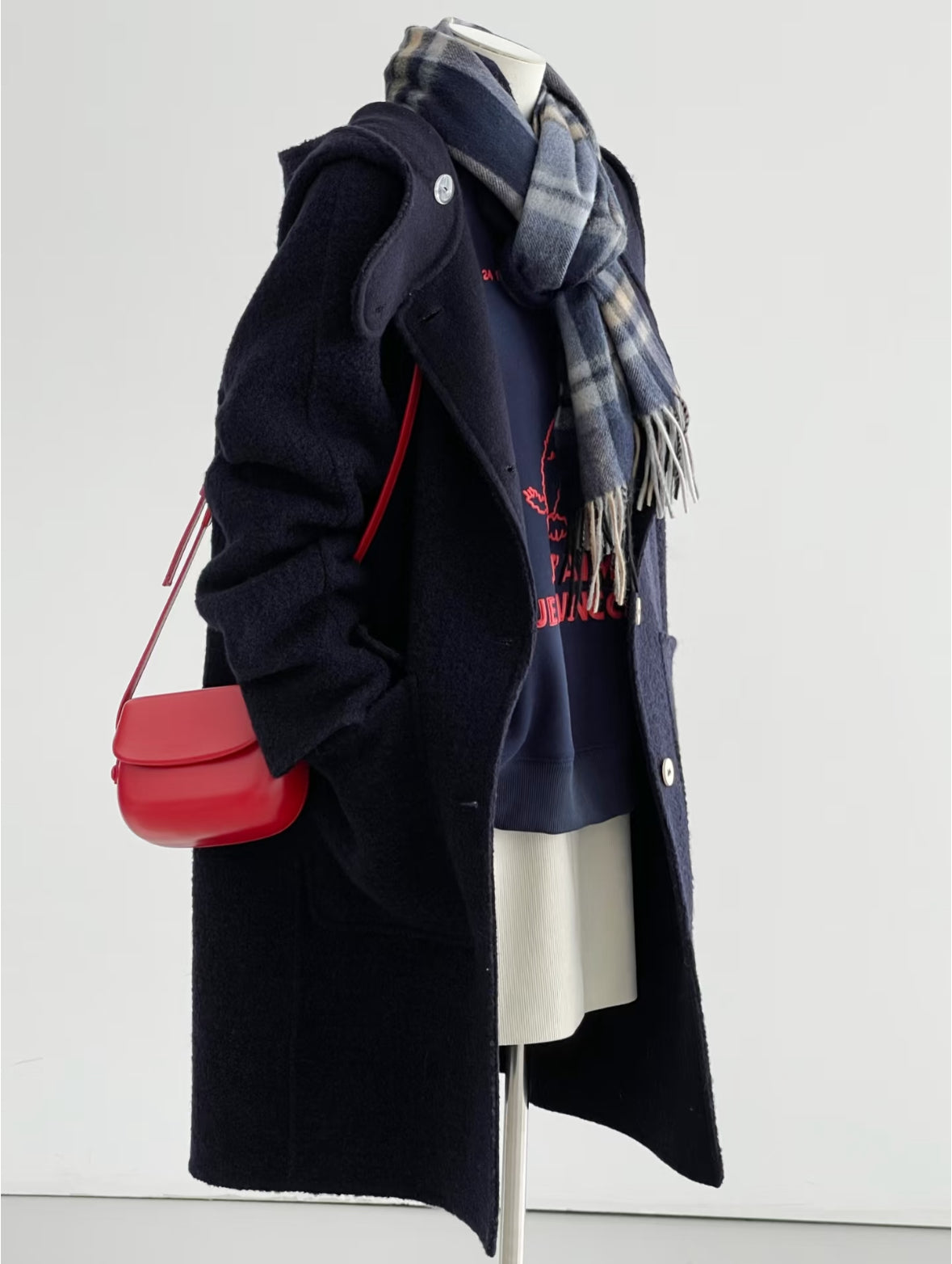 ‘Cleo’ Mid-Length Navy Blue 100% Wool Hooded Jacket (2 colors)