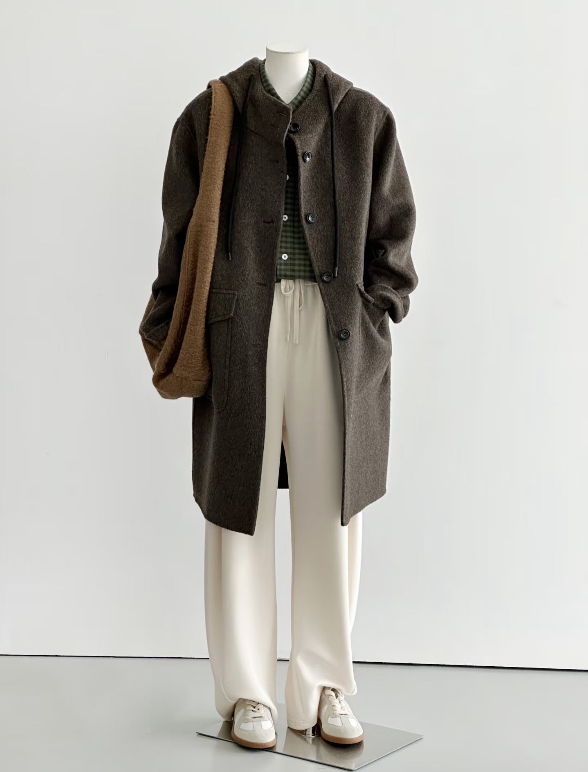 ‘Clover’ Mid-Length Brown 100% Wool Hooded Jacket