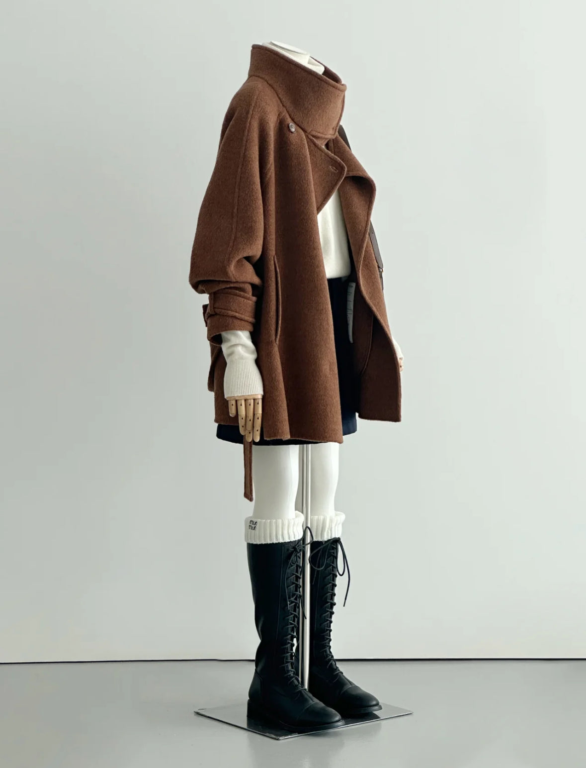 100% Wool Stand Collar Coat with Button-Neck and belt (Brown)