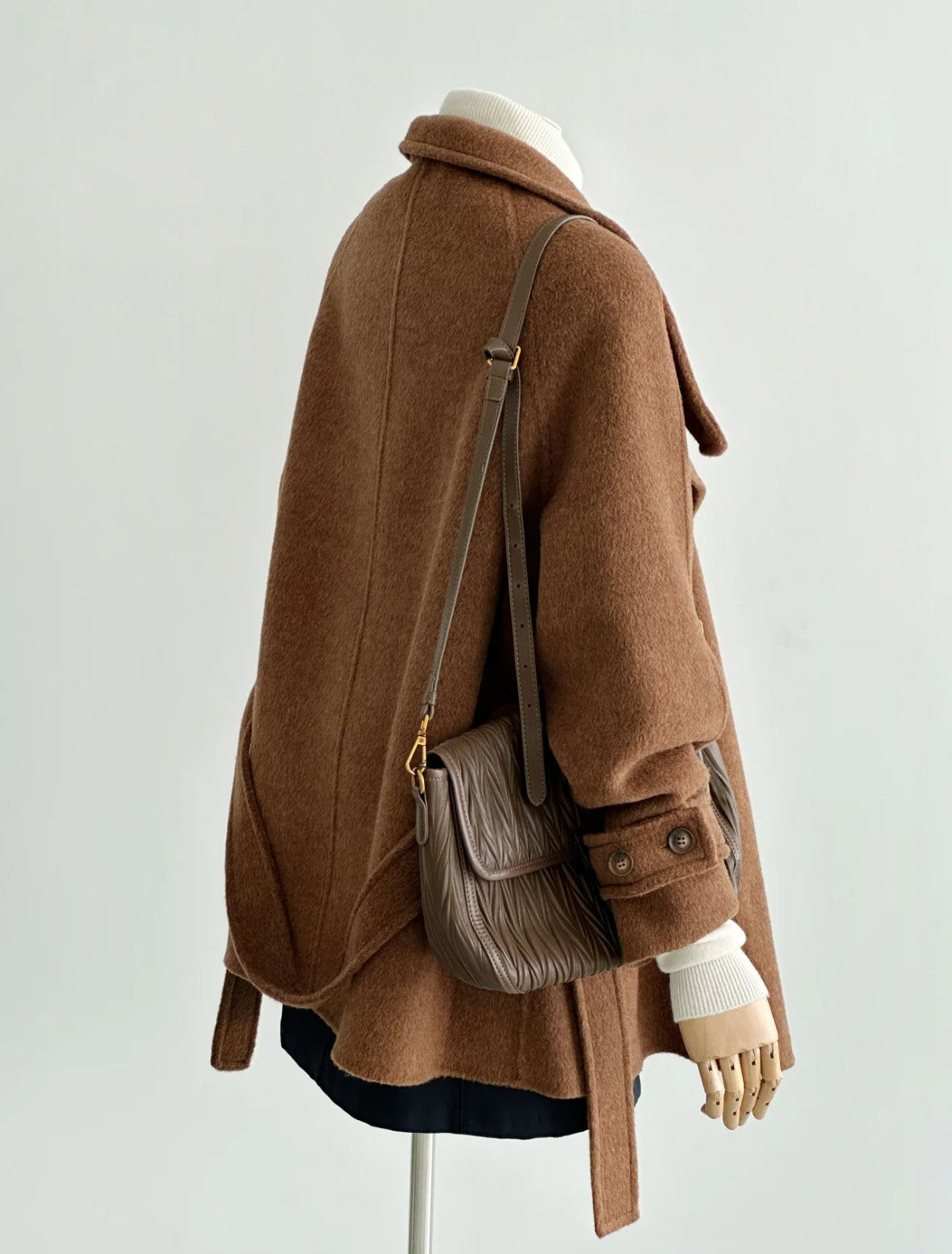 100% Wool Stand Collar Coat with Button-Neck and belt (Brown)