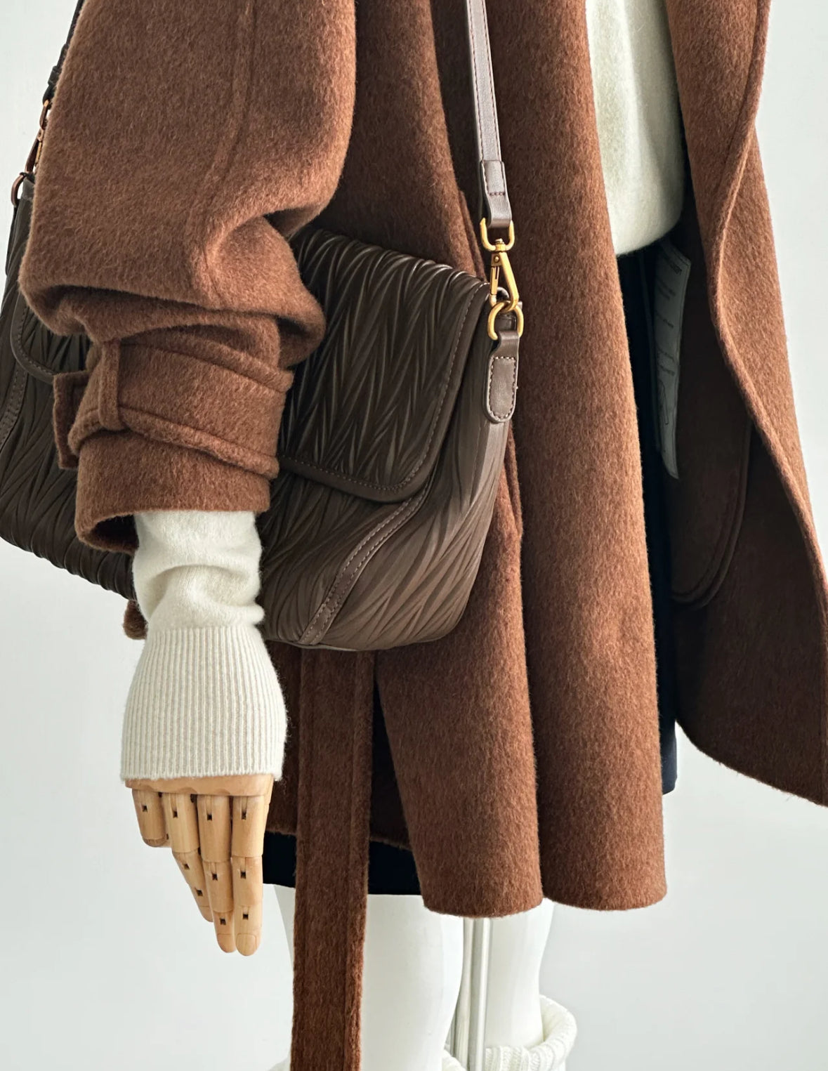 100% Wool Stand Collar Coat with Button-Neck and belt (Brown)
