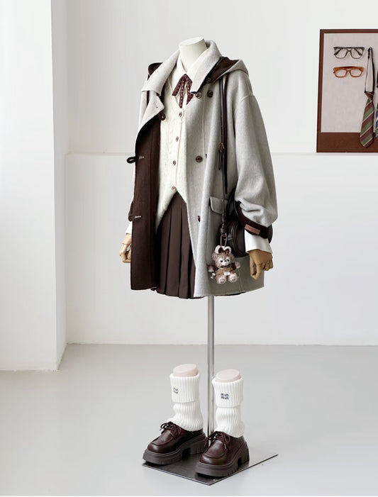 ‘Clara’ Mid-Length Gray 100% Wool Hooded Jacket