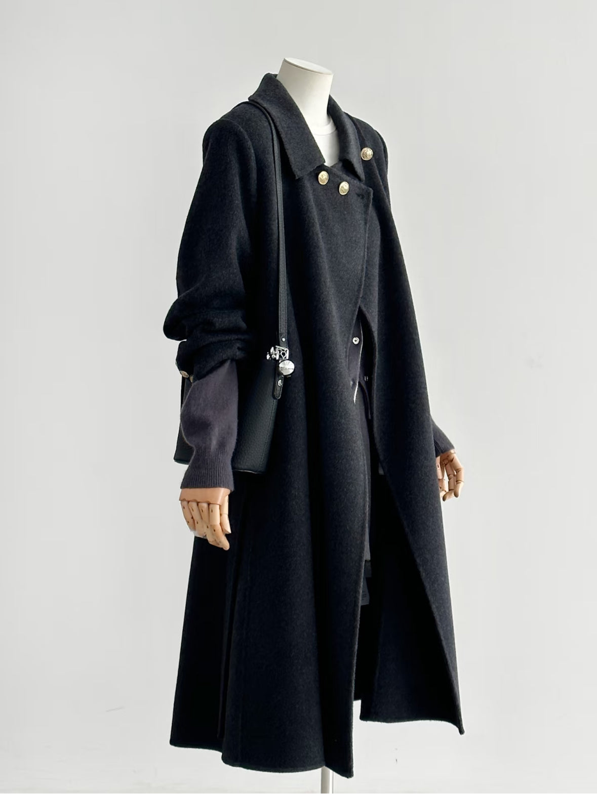 Elegant Wool & Cashmere Black Trench Coat