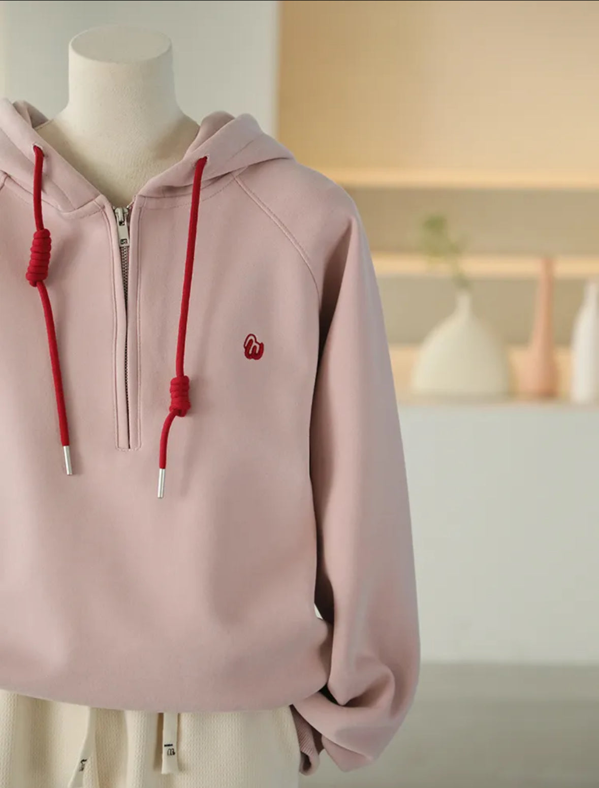 Pink Half-zip Two-tone Embroidered Hooded Sweatshirt