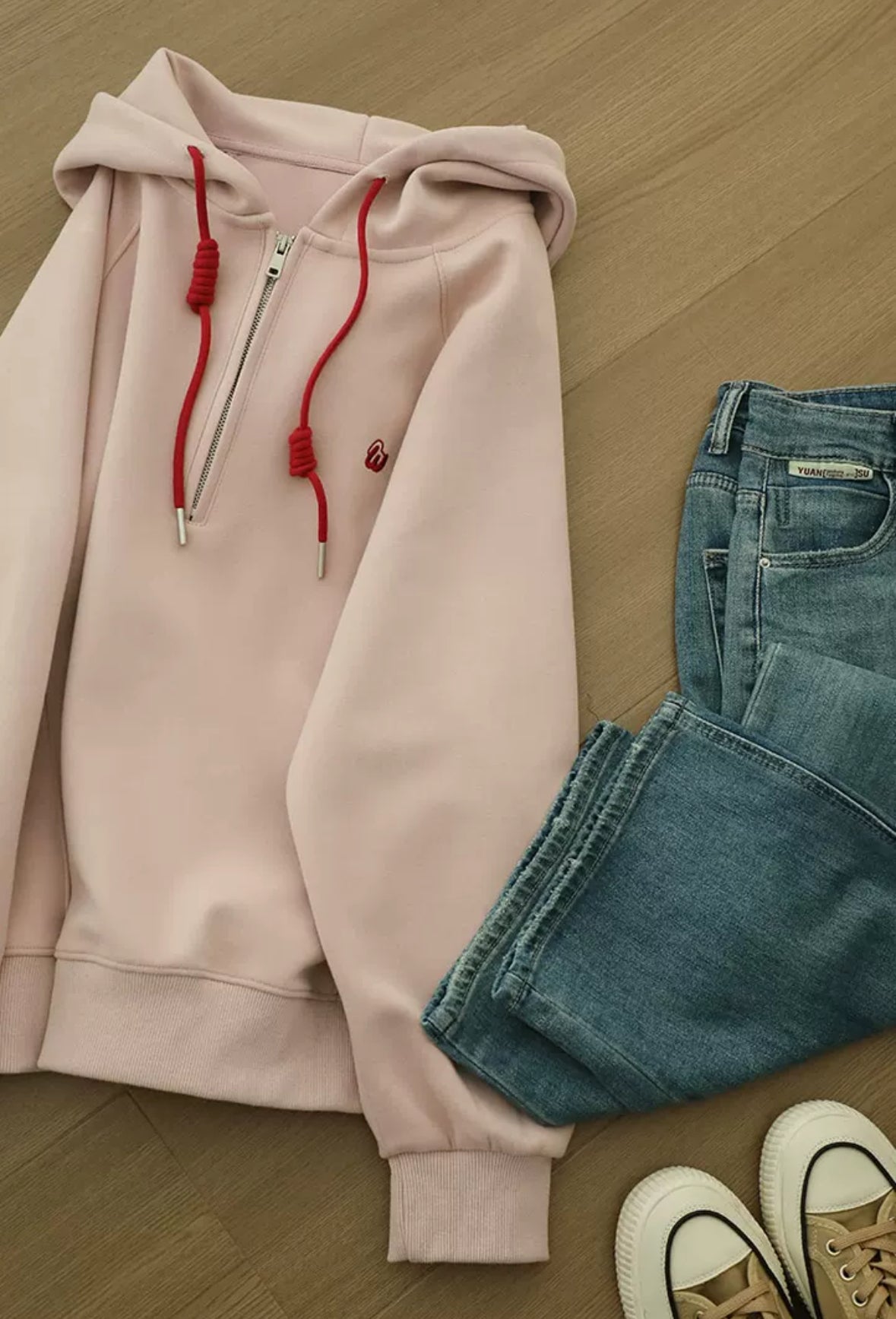 Pink Half-zip Two-tone Embroidered Hooded Sweatshirt