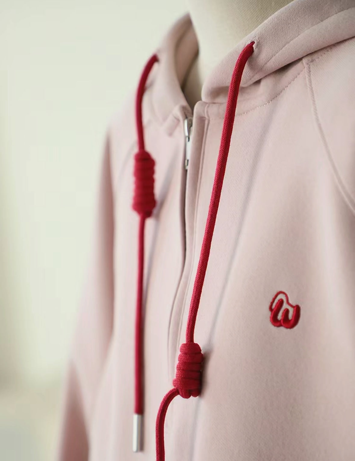 Pink Half-zip Two-tone Embroidered Hooded Sweatshirt