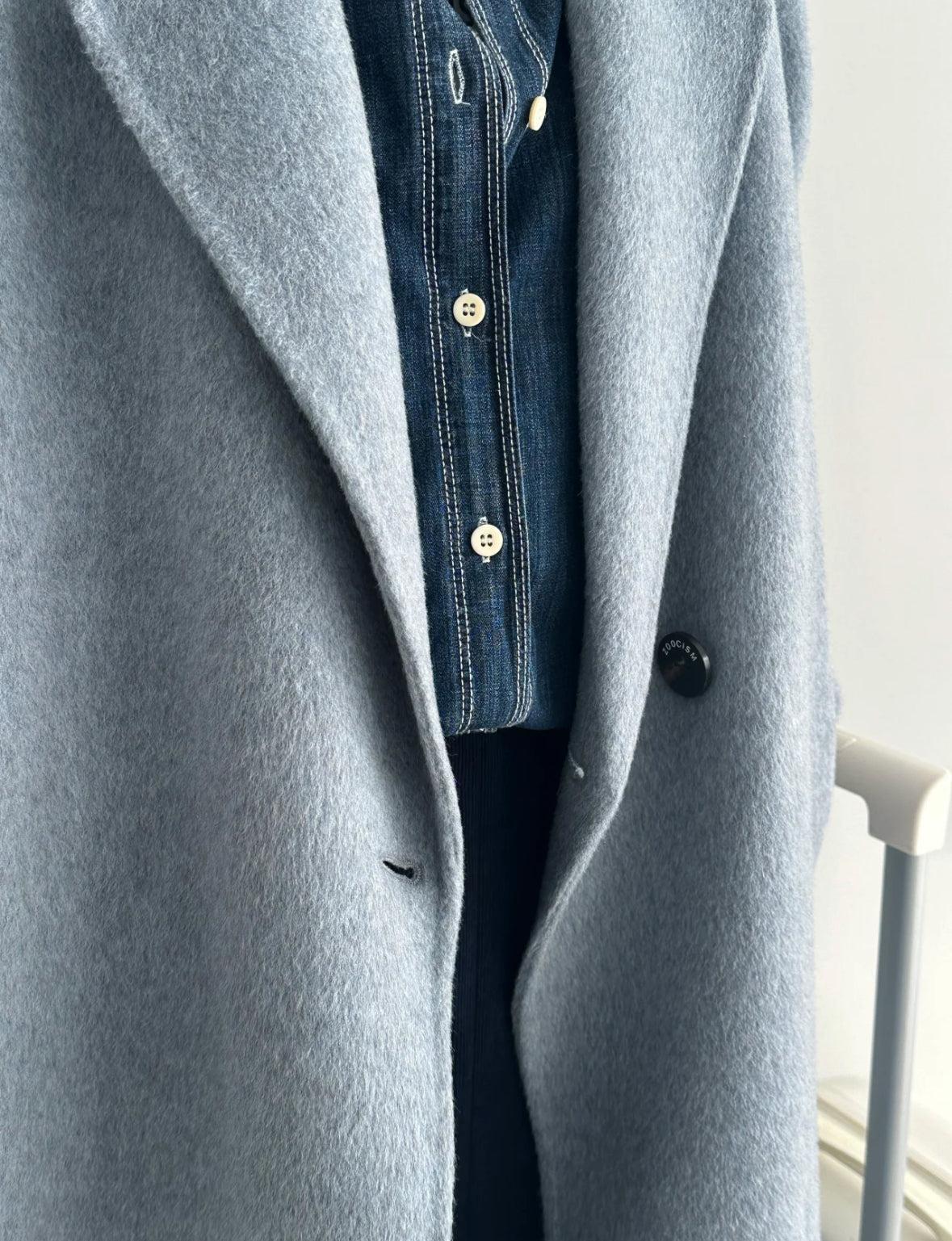 Mist Longline Belted Wool Coat - Gray Blue