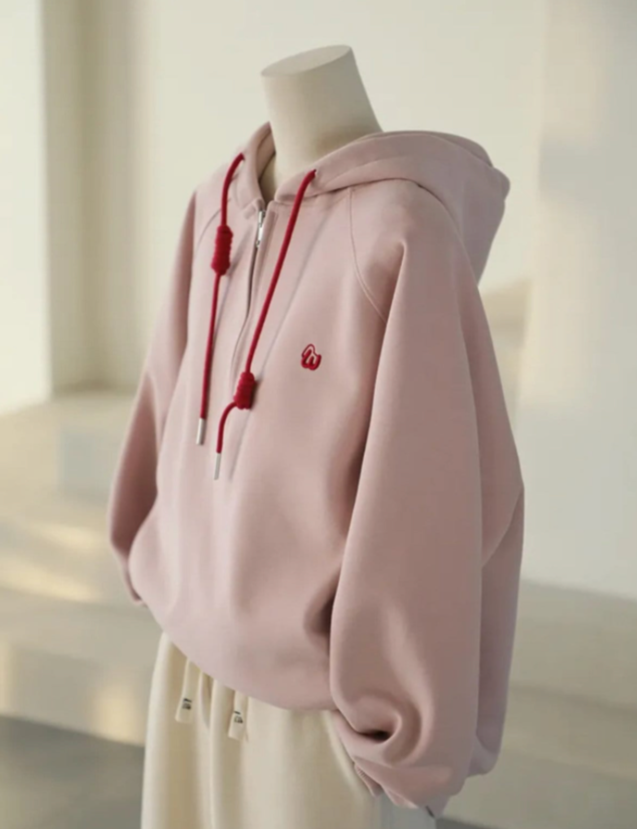 Pink Half-zip Two-tone Embroidered Hooded Sweatshirt