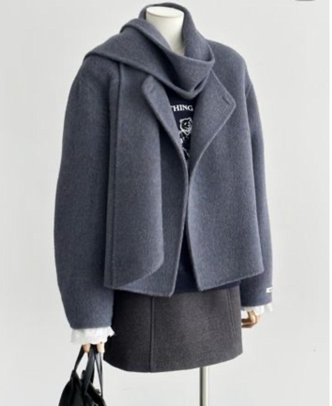 Vela Collarless Wool Coat with Scarf - Purple Gray