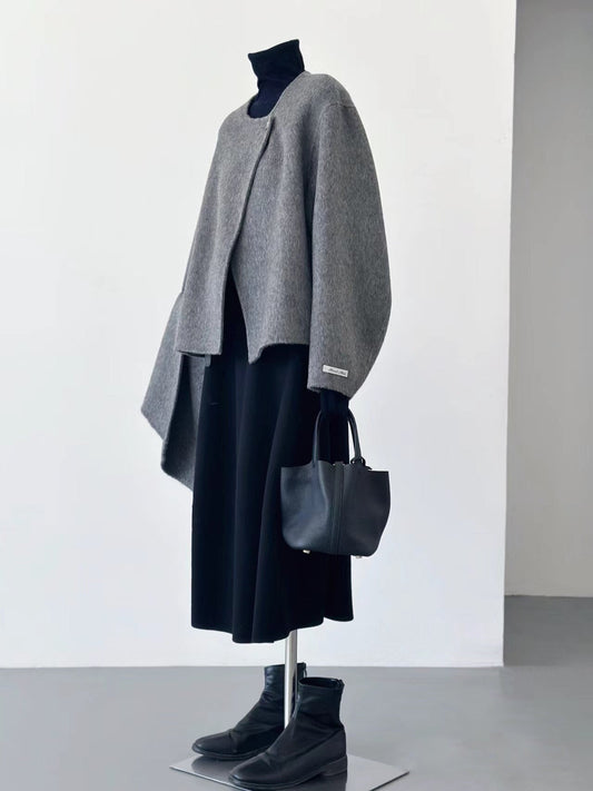 Loose Collarless Gray Wool Coat with Scarf
