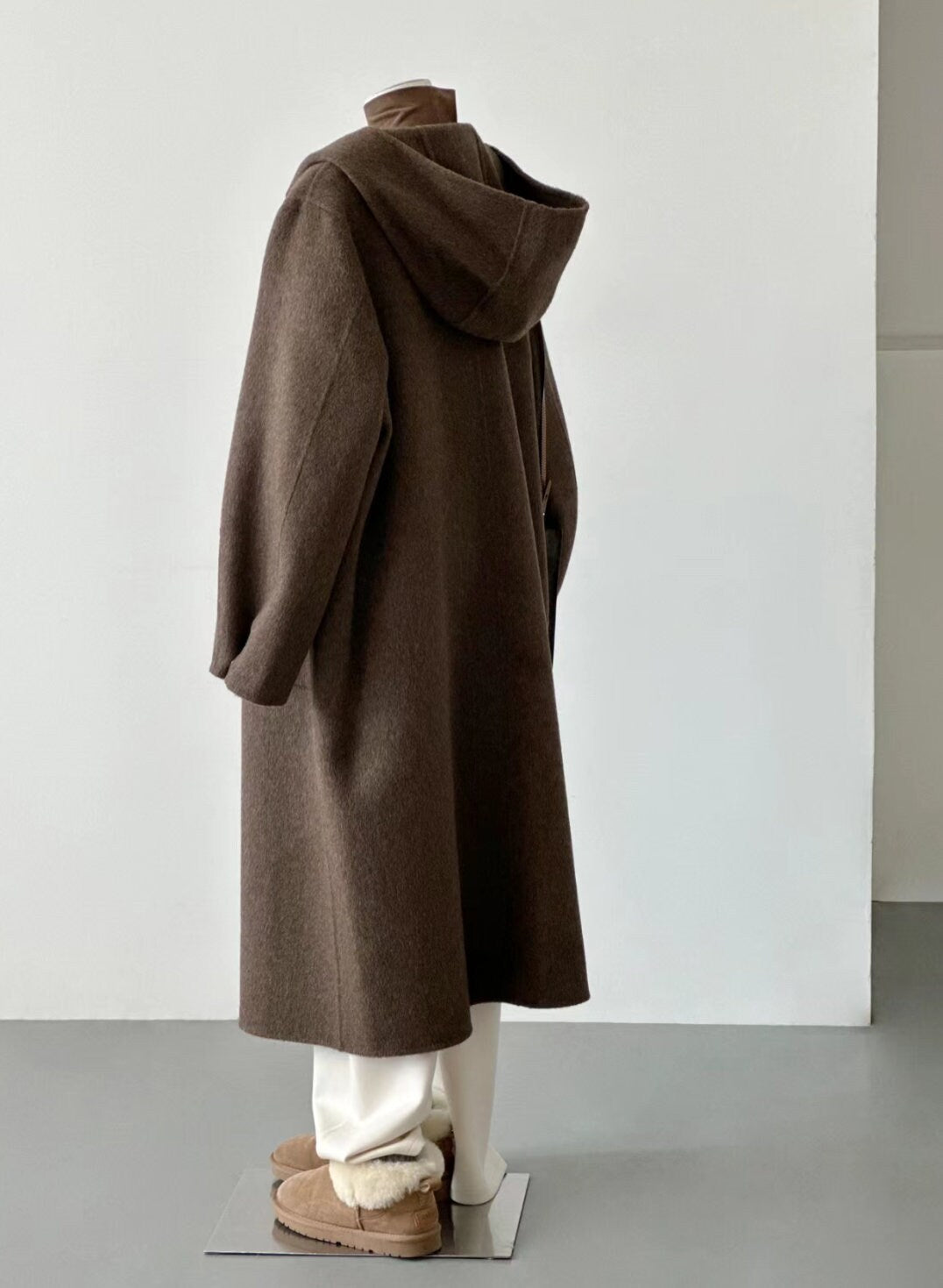 Women Double-Sided Brown Long Hooded Wool Coat