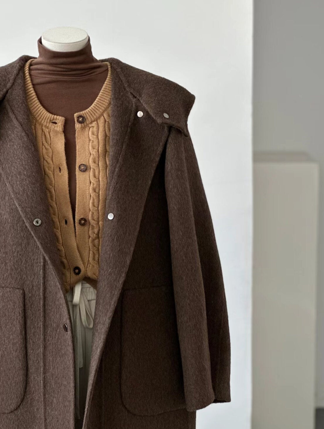 Women Double-Sided Brown Long Hooded Wool Coat