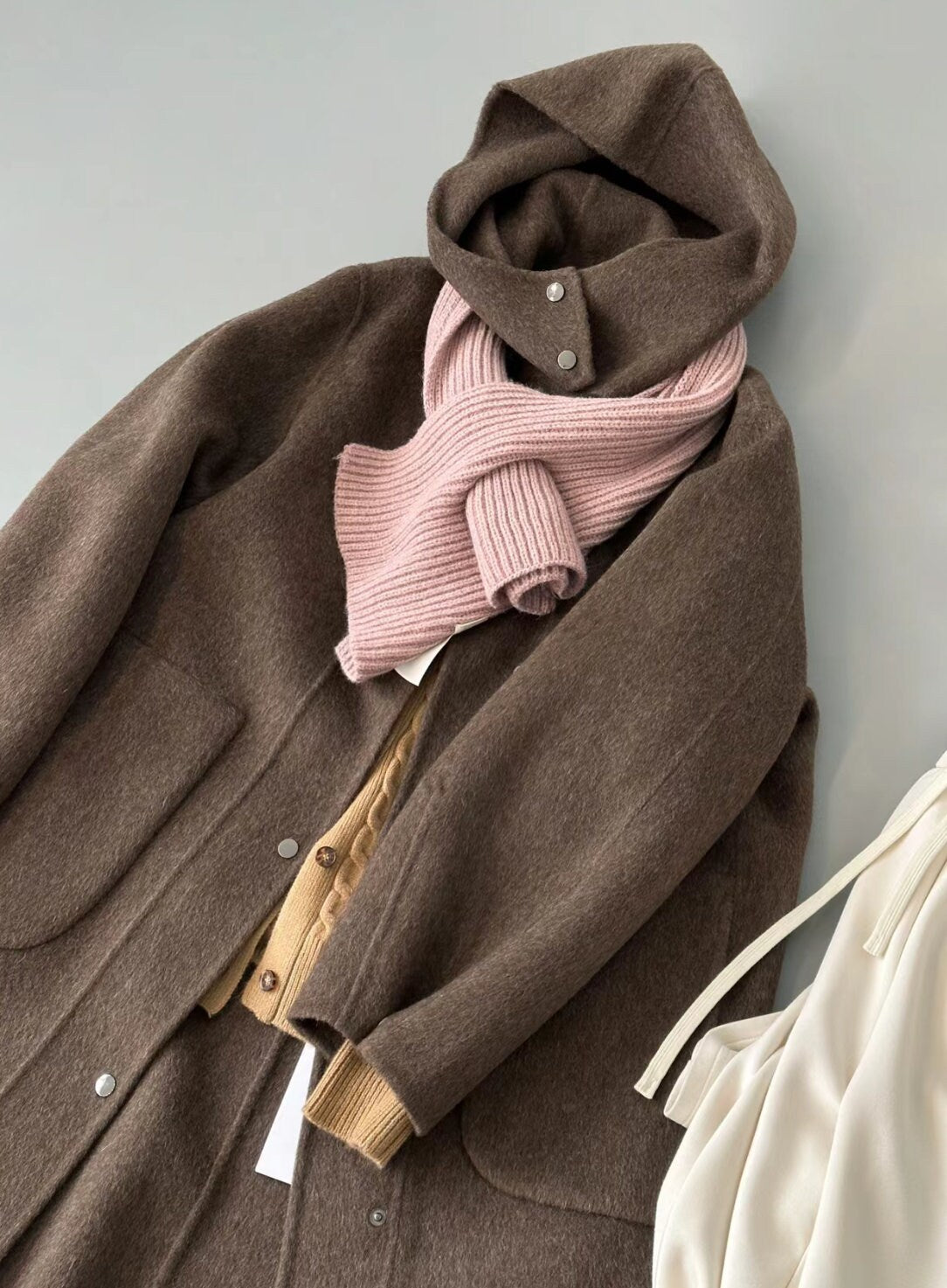 Women Double-Sided Brown Long Hooded Wool Coat