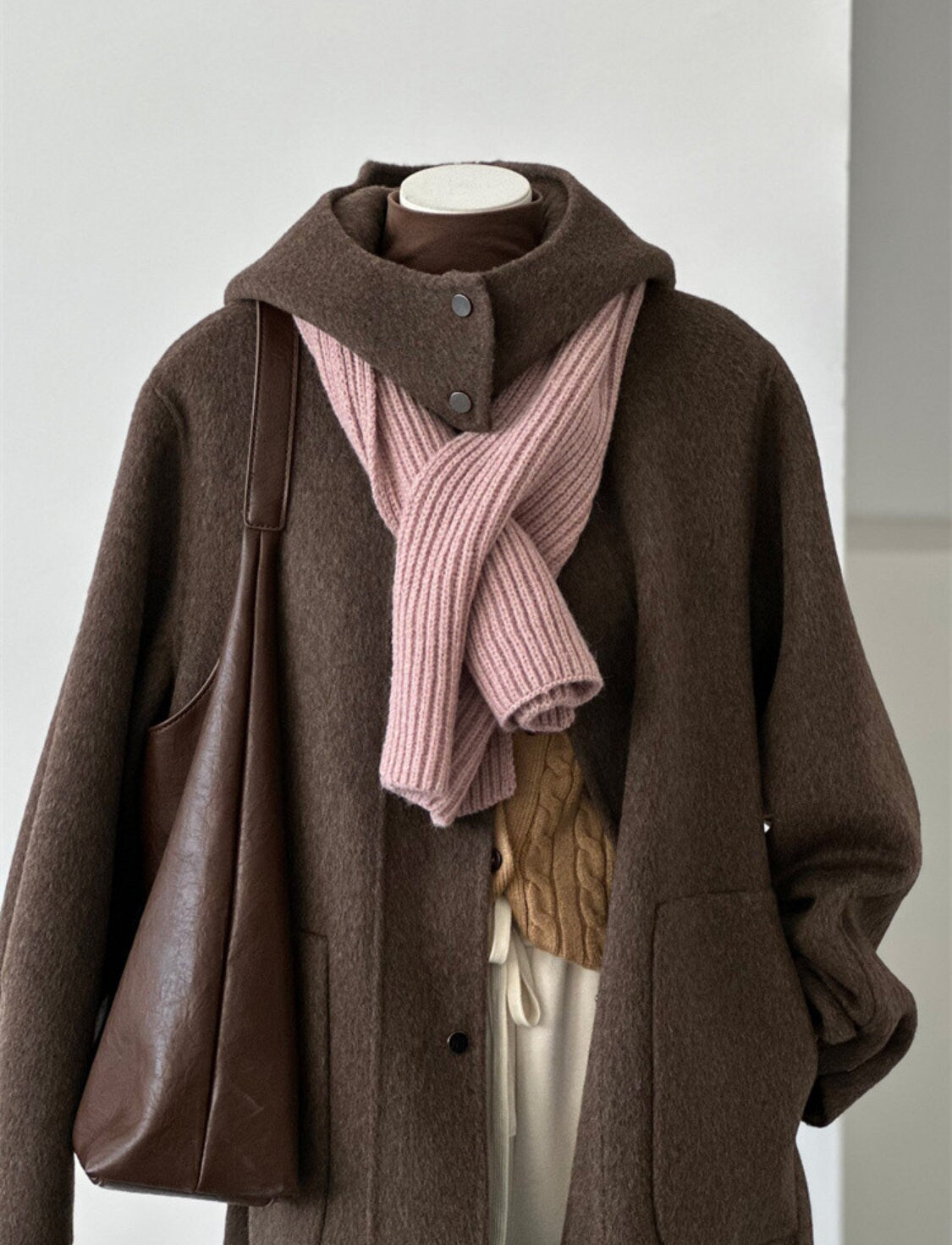 Women Double-Sided Brown Long Hooded Wool Coat