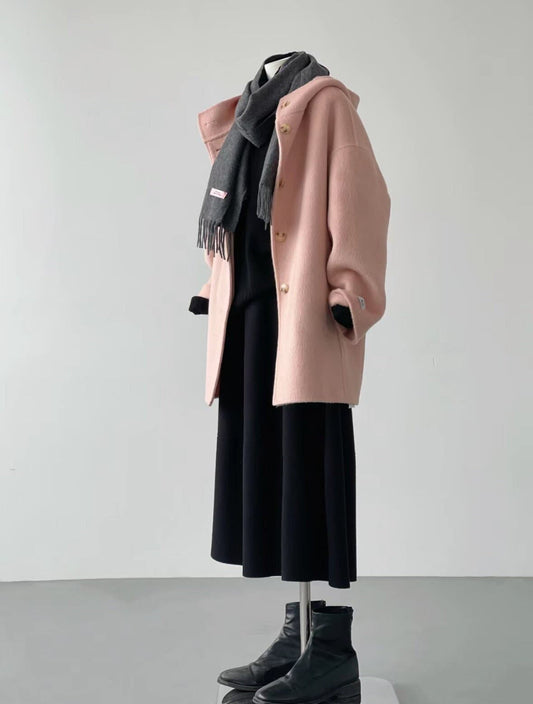 Women Pink Wool Hooded Coat