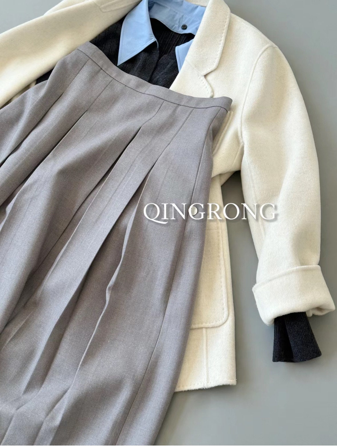 High Waist Pleated Light Gray Midi Skirt