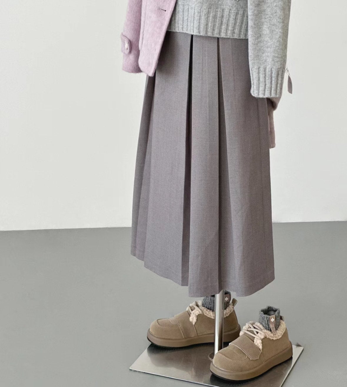 High Waist Pleated Light Gray Midi Skirt