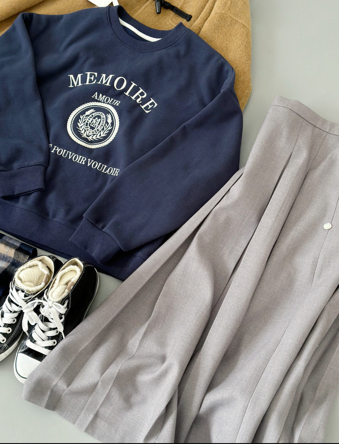 High Waist Pleated Light Gray Midi Skirt