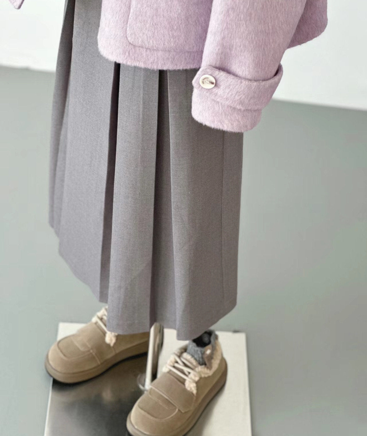 High Waist Pleated Light Gray Midi Skirt