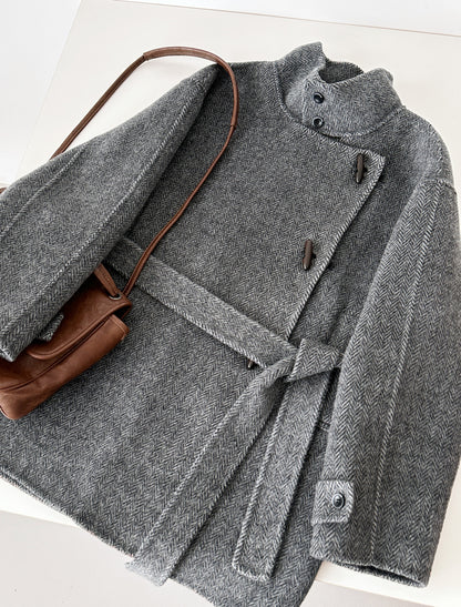 Astra Herringbone Stand Collar Coat - Dark Gray