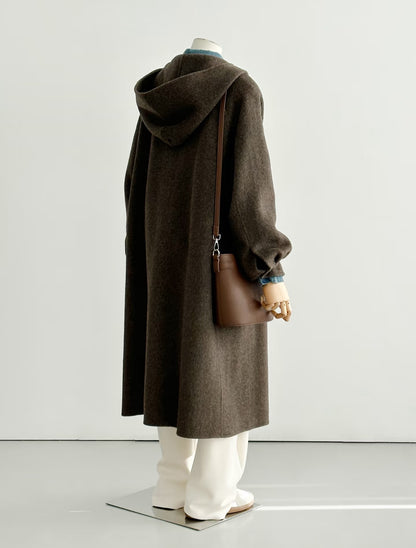 Pre-order Brown Hooded Longline Wool Coat