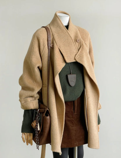 100% Wool Stand Collar Coat with Button-Neck and belt ( Camel color)