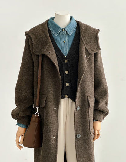 Pre-order Brown Hooded Longline Wool Coat