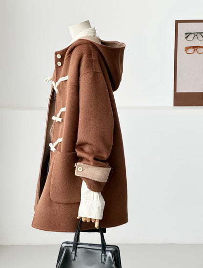 ‘Fern ‘ Hooded Toggle Wool Jacket - Chestnut brown