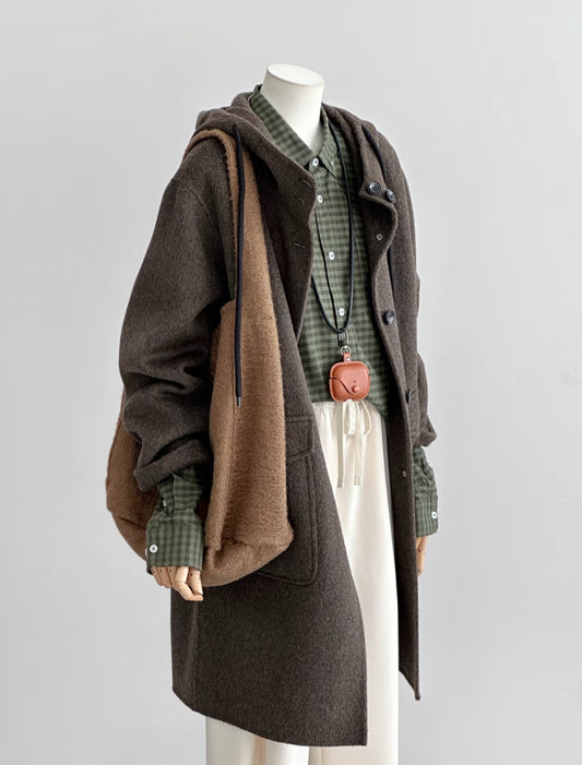 Pre-order ‘Clover’ Mid-Length Brown 100% Wool Hooded Jacket