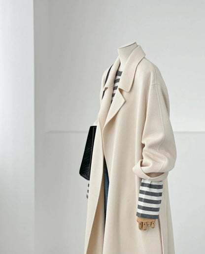 3 Sizes - Colin Belted Wool Wrap Coat - Cream
