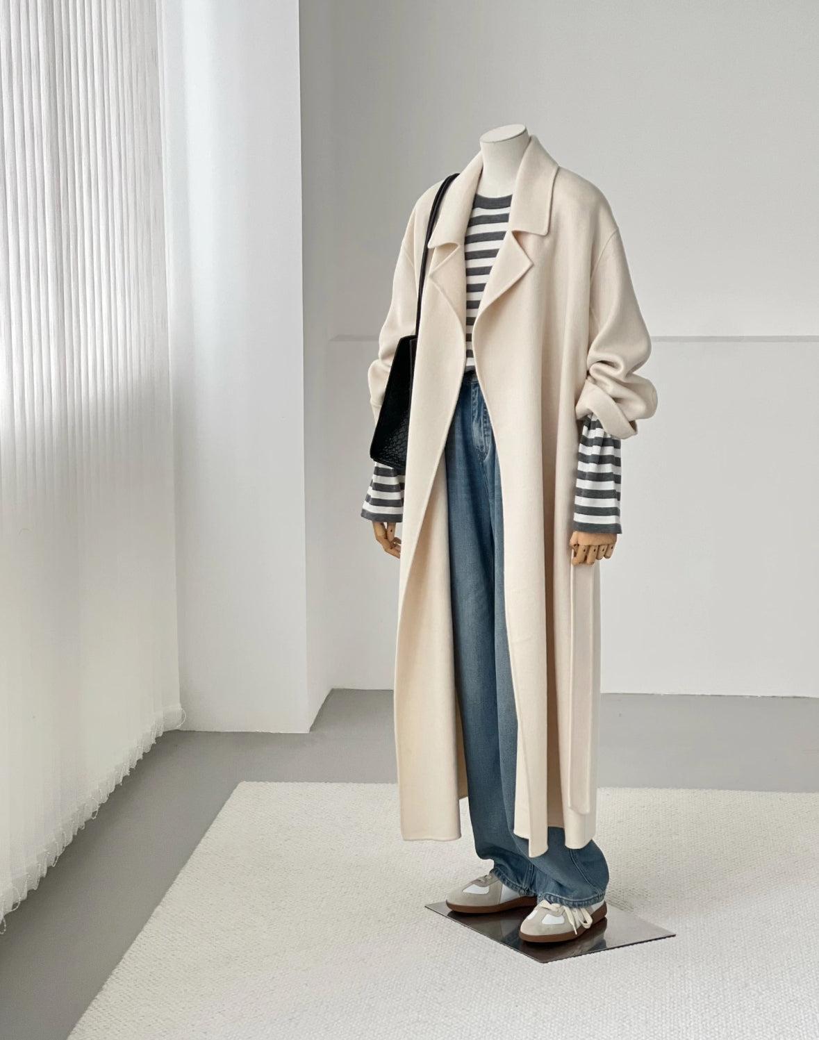 3 Sizes - Colin Belted Wool Wrap Coat - Cream