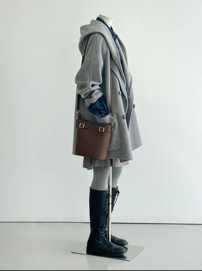 Gray Mid-Length Wool Blazer Coat with Detachable Hood