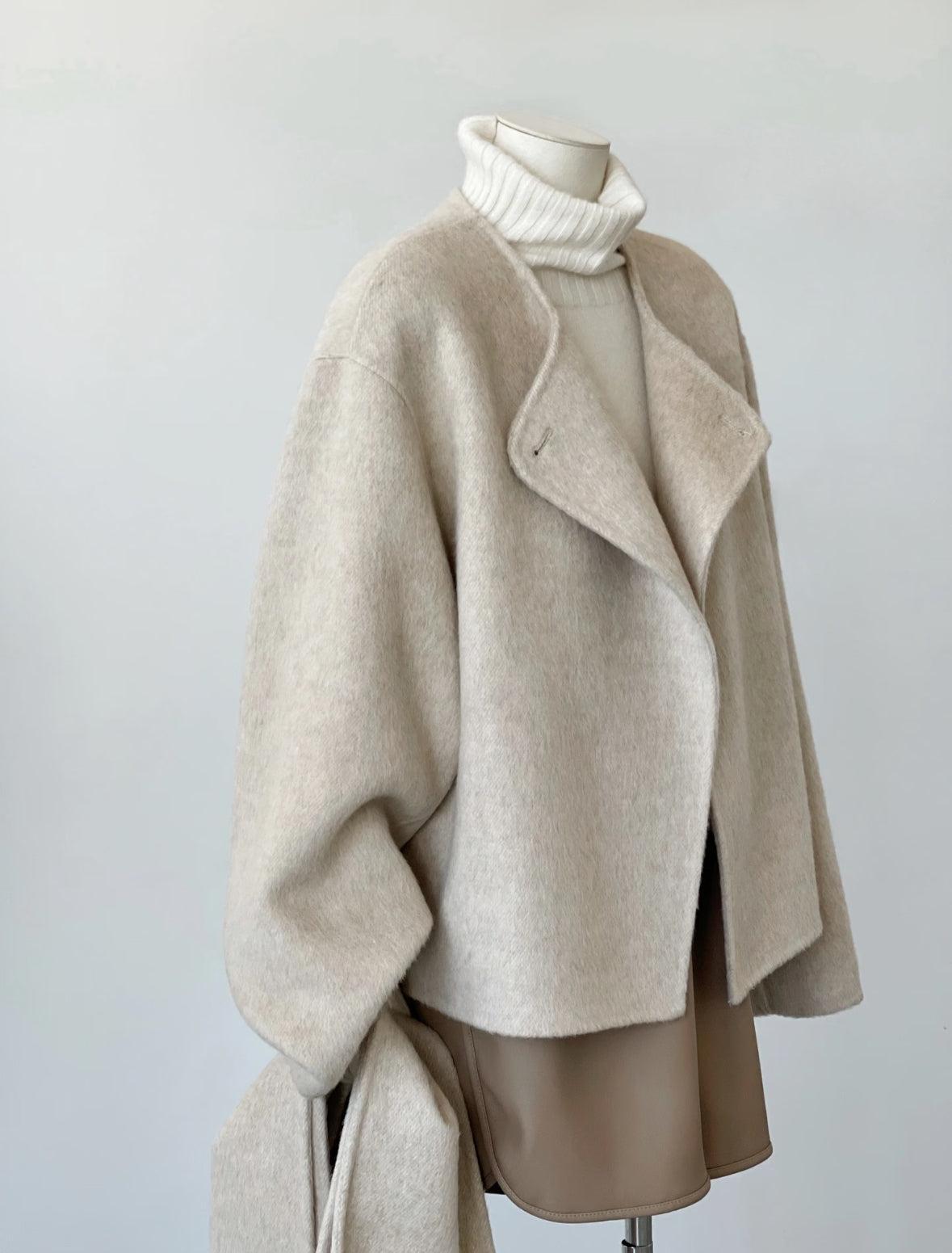 4 Colors - Vela Short Loose Cardigan Wool Coat with Scarf