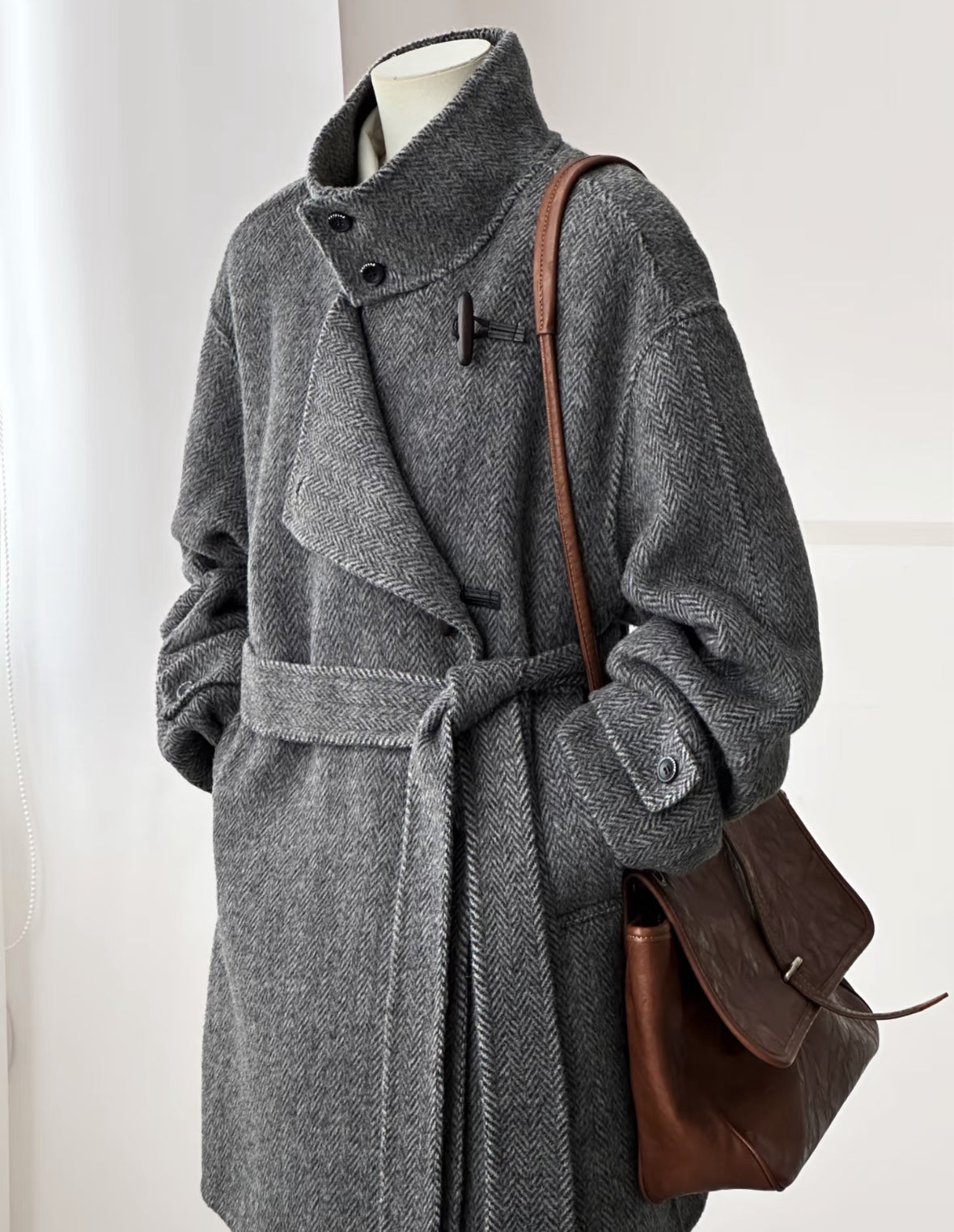 Astra Herringbone Stand Collar Coat - Dark Gray