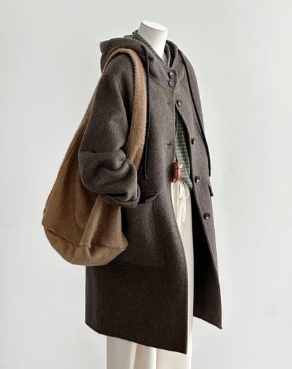 Pre-order ‘Clover’ Mid-Length Brown 100% Wool Hooded Jacket