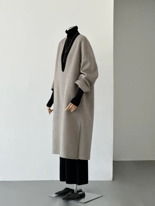 Gray V-neck Wool Coat / Dress