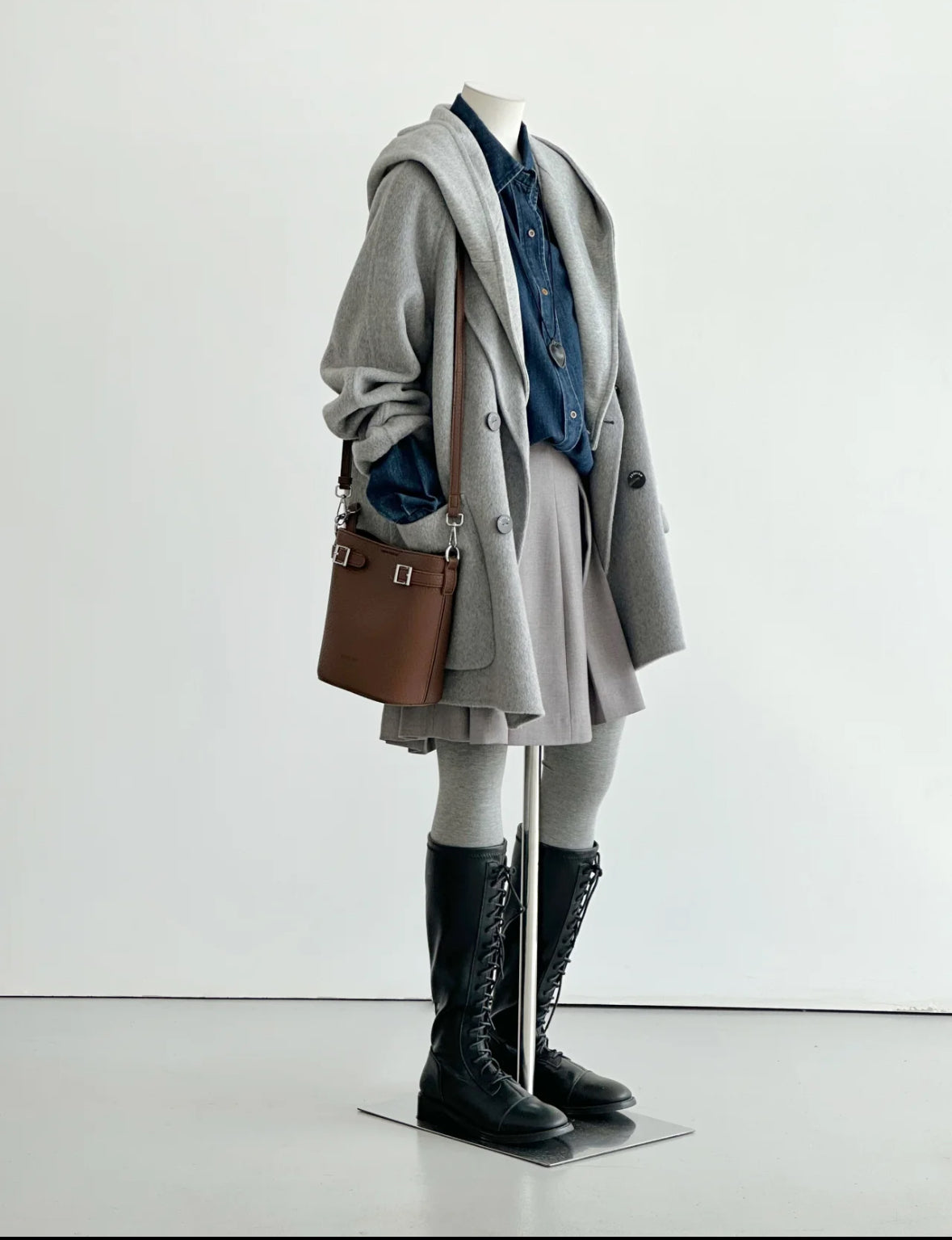 Gray Mid-Length Wool Blazer Coat with Detachable Hood