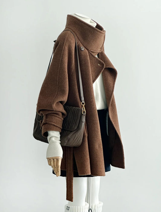 100% Wool Stand Collar Coat with Button-Neck and belt (Brown)