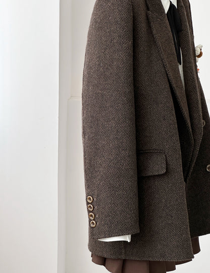 Ember Herringbone Wool Blazer - Brown