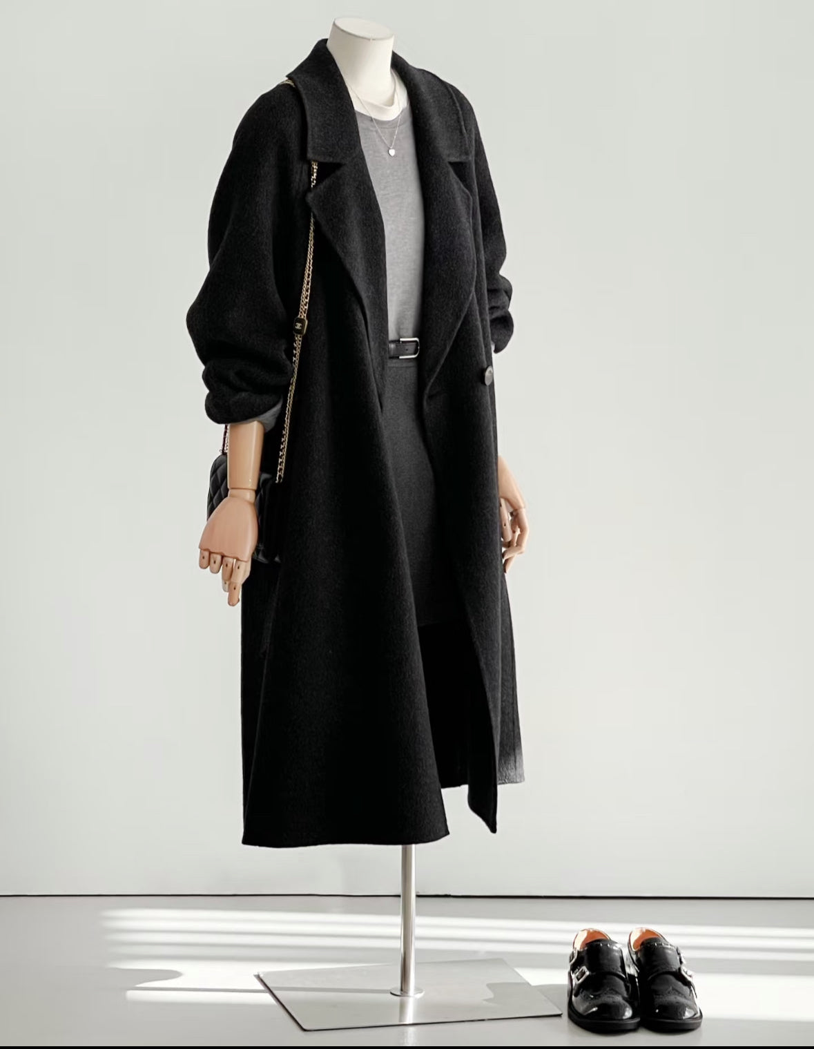 Sage Longline Belted Trench Coat - Black