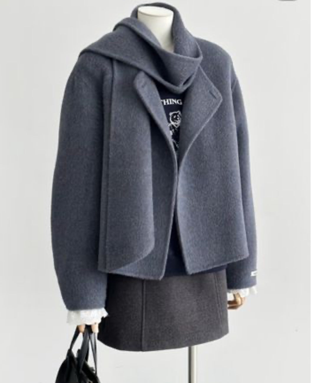 Vela Collarless Wool Coat with Scarf - Purple Gray