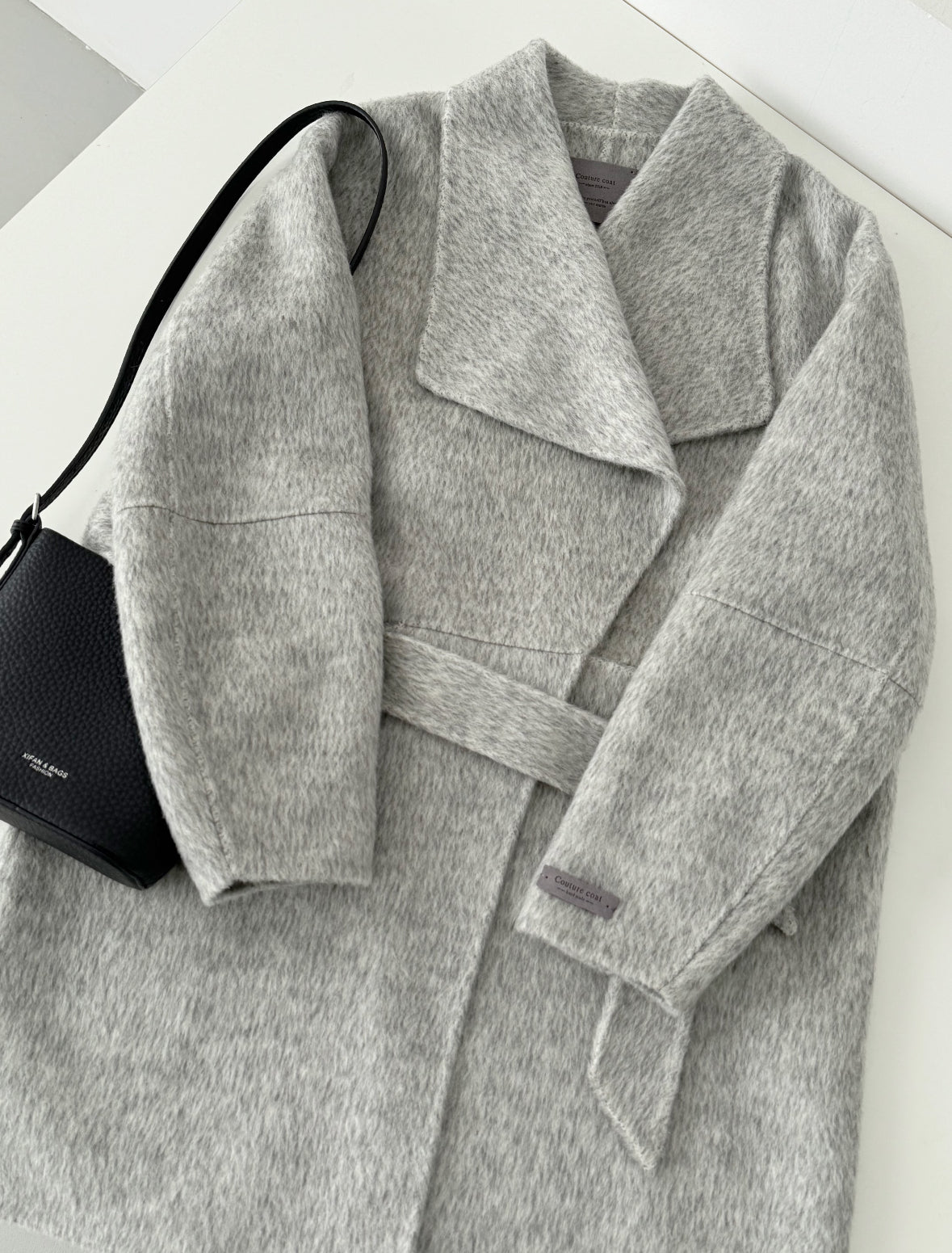 Velin Wide Lapel Belted Wool Coat - Gray