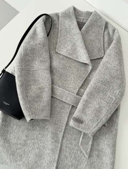 Velin Wide Lapel Belted Wool Coat - Gray
